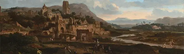 image of Panoramic View with a Medieval Town and the St. Cecilia of Cologne